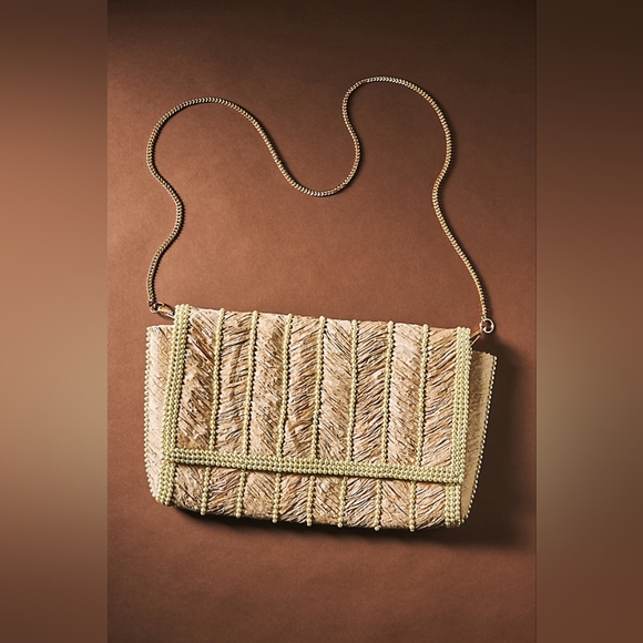 ANTHROPOLOGIE Raffia Pearl-embellished Clutch In Beige - Picture 1 of 5